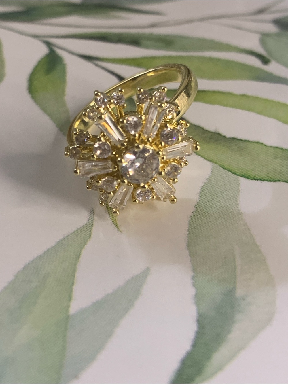 Two Piece Spinning Ring with Cluster of Rhinestones and Gold Tone Metal